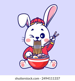Cute Chinese Rabbit Eating Ramen Noodle With Chopstick Cartoon Vector Icon Illustration. Animal Food Icon Concept Isolated Premium Vector. Flat Cartoon Style