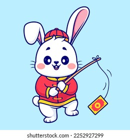 Cute Chinese Rabbit Fishing Angpao Cartoon Vector Icon Illustration. Animal Holiday Icon Concept Isolated Premium Vector. Flat Cartoon Style