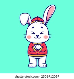 Cute Chinese Rabbit Greeting Cartoon Vector Icon Illustration. Animal Holiday Icon Concept Isolated Premium Vector. Flat Cartoon Style