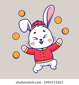 Cute Chinese Rabbit Holding Gold Coin Cartoon Vector Icon Illustration. Animal Holiday Icon Concept Isolated Premium Vector. Flat Cartoon Style