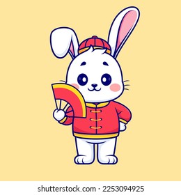 Cute Chinese Rabbit Holding Handheld Fan Cartoon Vector Icon Illustration. Animal Holiday Icon Concept Isolated Premium Vector. Flat Cartoon Style