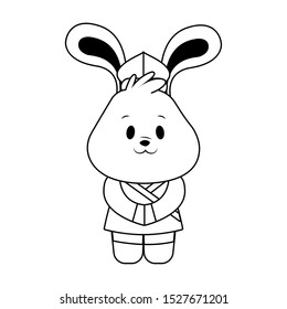 cute chinese rabbit icon over white background, black and white design. vector illustration
