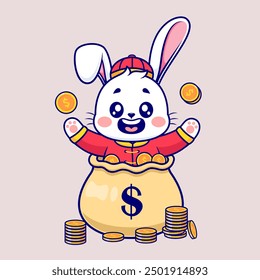 Cute Chinese Rabbit In Money Bag Cartoon Vector Icon Illustration. Animal Finance Icon Concept Isolated Premium Vector. Flat Cartoon Style