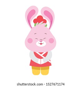 cute chinese rabbit with oriental clothes icon over white background, vector illustration