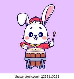 Cute Chinese Rabbit Playing Drum with Stick Cartoon Vector Icon Illustration. Animal Music Icon Concept Isolated Premium Vector. Flat Cartoon Style