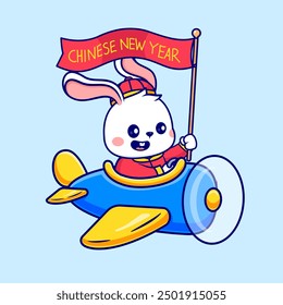 Cute Chinese Rabbit Riding Plane With Flag Cartoon Vector Icon Illustration. Animal Transportation Icon Concept Isolated Premium Vector. Flat Cartoon Style