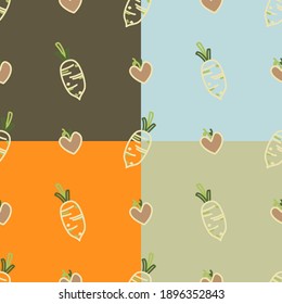 Cute Chinese radish and mini brown hearts seamless pattern with brown, orange, green and blue background 