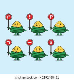 Cute chinese rice dumpling cartoon character holding traffic sign in modern flat style design