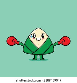 Cute Chinese rice dumpling mascot cartoon playing sport with boxing gloves and cute stylish design