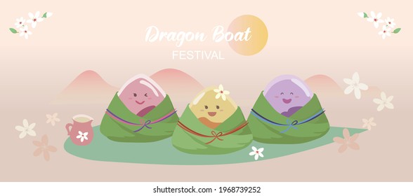 Cute chinese rice dumplings cartoon character. Dragon boat festival illustration.(caption: Dragon Boat festival, 5th day of may)