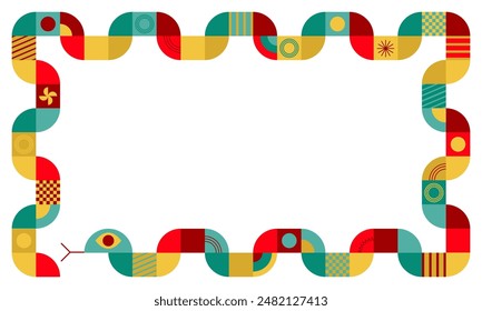 Cute Chinese snake. Colorful Chinese New Year 2025 card. Chinese happy snake, lunar new year theme. Frame with snake