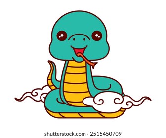 Serpiente china linda con ilustración de dibujos animados de nube de estilo oriental. Nuevo año chino 2025 serpiente zodiac 