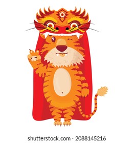 Cute Chinese tiger in carnival new year dragon costume. Symbol 2022
