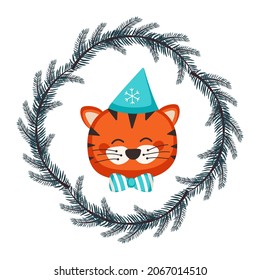 Cute Chinese tiger in childish style with festive Christmas wreath of fir branches in cap and bow. Funny animal predator with happy face. Vector flat illustration for holiday and new year