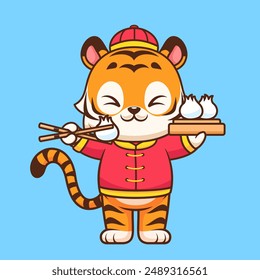 Cute Chinese Tiger Eating Dim Sum With Chopstick Cartoon Vector Icon Illustration. Animal Food Icon Concept Isolated Premium Vector. Flat Cartoon Style