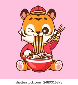 Cute Chinese Tiger Eating Ramen Noodle With Chopstick Cartoon Vector Icon Illustration. Animal Food Icon Concept Isolated Premium Vector. Flat Cartoon Style