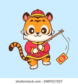 Cute Chinese Tiger Fishing Angpao Cartoon Vector Icon Illustration. Animal Holiday Icon Concept Isolated Premium Vector. Flat Cartoon Style