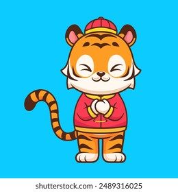 Cute Chinese Tiger Greeting Cartoon Vector Icon Illustration. Animal Holiday Icon Concept Isolated Premium Vector. Flat Cartoon Style