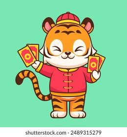 Tigre chino lindo que sostiene la ilustración del icono del Vector de dibujos animados de Angpao. Animal Festiva Icon Concept Aislado Premium Vector. Estilo plano de dibujos animados