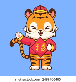 Cute Chinese Tiger Holding Flag Banner Cartoon Vector Icon Illustration. Animal Holiday Icon Concept Isolated Premium Vector. Flat Cartoon Style