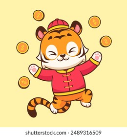 Cute Chinese Tiger Holding Gold Coin Cartoon Vector Icon Illustration. Animal Holiday Icon Concept Isolated Premium Vector. Flat Cartoon Style