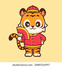 Cute Chinese Tiger Holding Handheld Fan Cartoon Vector Icon Illustration. Animal Holiday Icon Concept Isolated Premium Vector. Flat Cartoon Style