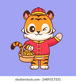 Cute Chinese Tiger Holding Orange In Basket Cartoon Vector Icon Illustration. Animal Food Icon Concept Isolated Premium Vector. Flat Cartoon Style