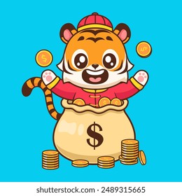 Cute Chinese Tiger In Money Bag Cartoon Vector Icon Illustration. Animal Finance Icon Concept Isolated Premium Vector. Flat Cartoon Style