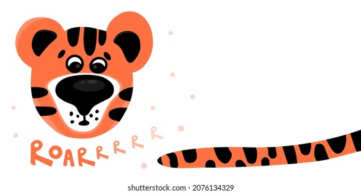 Cute Chinese tiger muzzle and tail vector illustration isolated on white background. Postcard and banner template with space for text.