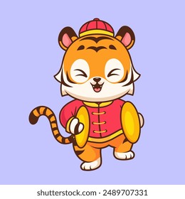 Cute Chinese Tiger Playing Cymbal Cartoon Vector Icon Illustration. Animal Holiday Icon Concept Isolated Premium Vector. Flat Cartoon Style