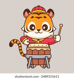 Cute Chinese Tiger Playing Drum Cartoon Vector Icon Illustration. Animal Music Icon Concept Isolated Premium Vector. Flat Cartoon Style