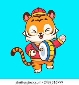 Cute Chinese Tiger Playing Drum with Stick Cartoon Vector Icon Illustration. Animal Music Icon Concept Isolated Premium Vector. Flat Cartoon Style