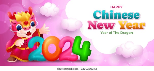 Cute Chinese year of the Dragon banner, little dragon decorated with colorful elements and pink background