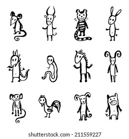 Cute Chinese Zodiac. 12 Chinese Animal astrological sign. Doodle Vector Illustration.