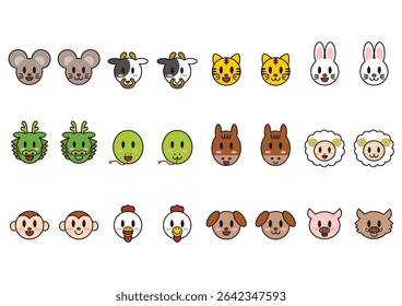 Cute Chinese zodiac animal faces. Colorful icon set. Vector illustration. White background.
