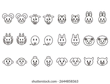 Cute Chinese zodiac animal faces. Black and white icon set. Vector illustration. White background.
