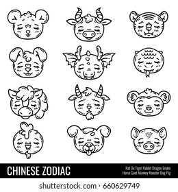Cute chinese zodiac. Cute animals. Horoscope. Isolated objects on white background. Vector illustration.