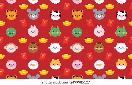 Cute Chinese zodiac animals seamless pattern background