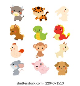 Cute Chinese Zodiac animals set. Flat vector cartoon design