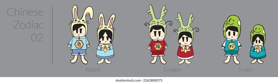 Cute Chinese Zodiac Character Animal Rabbit Dragon Snake