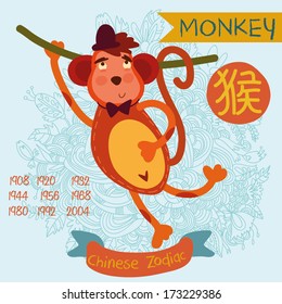 Cute Chinese zodiac sign - monkey.  Vector illustration\years\Chinese character.   Doodle hand-drawn style in dark colors.