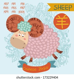 Cute Chinese zodiac sign - Sheep.  Vector illustration\years\Chinese character.   Doodle hand-drawn style in dark colors.