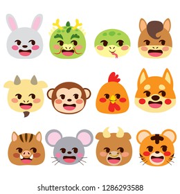 Cute Chinese Zodiac signs emoji flat color style animals