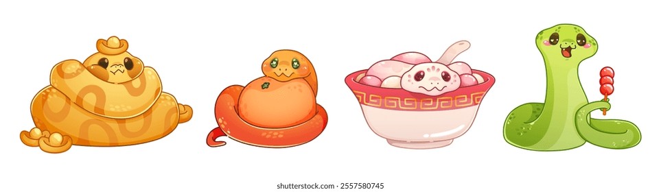 Cute chinese zodiac snake characters set - yellow python with golden ingots, cobra hugging orange fruit, pink reptile in bowl and green serpent holding tanghulu candy. Lunar new year designs.