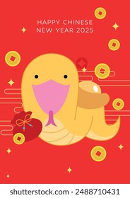 Cute chinese zodiac snake with gold coins, gold ingots and red bag of money. Wishing wealth and good luck for chinese new year of the snake 2025. Chinese luck money.