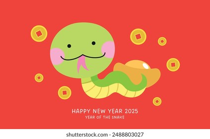 Cute chinese zodiac snake with gold coins and ingots. Wishing wealth and good luck for chinese new year of the snake 2025. Chinese luck money.