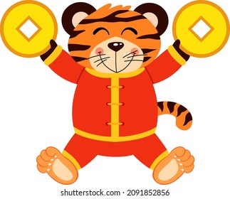 Cute chinese zodiac tiger with gold coins
