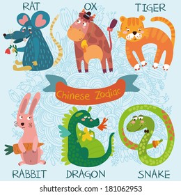 Cute Chinese Zodiac-vector set. Rat, ox, tiger, rabbit, dragon, snake