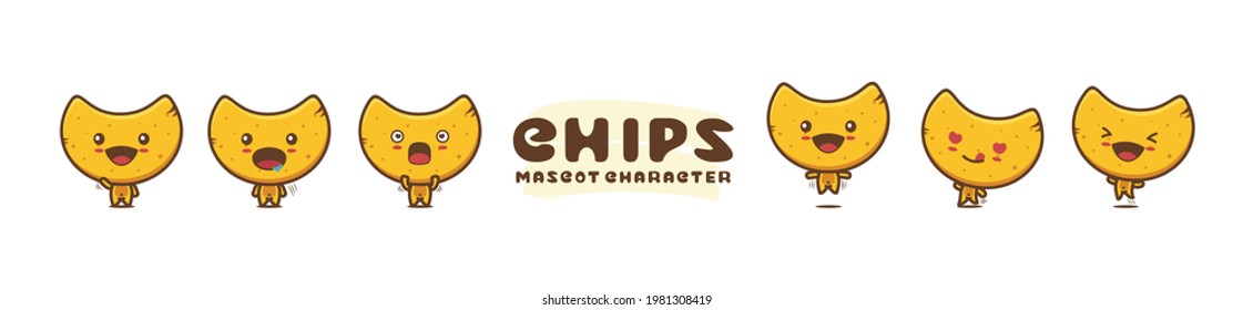 linda mascota de chips. ilustración de dibujos animados con diferentes poses y expresiones faciales