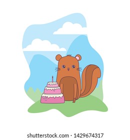 cute chipmunk animal with cake of birthday in landscape